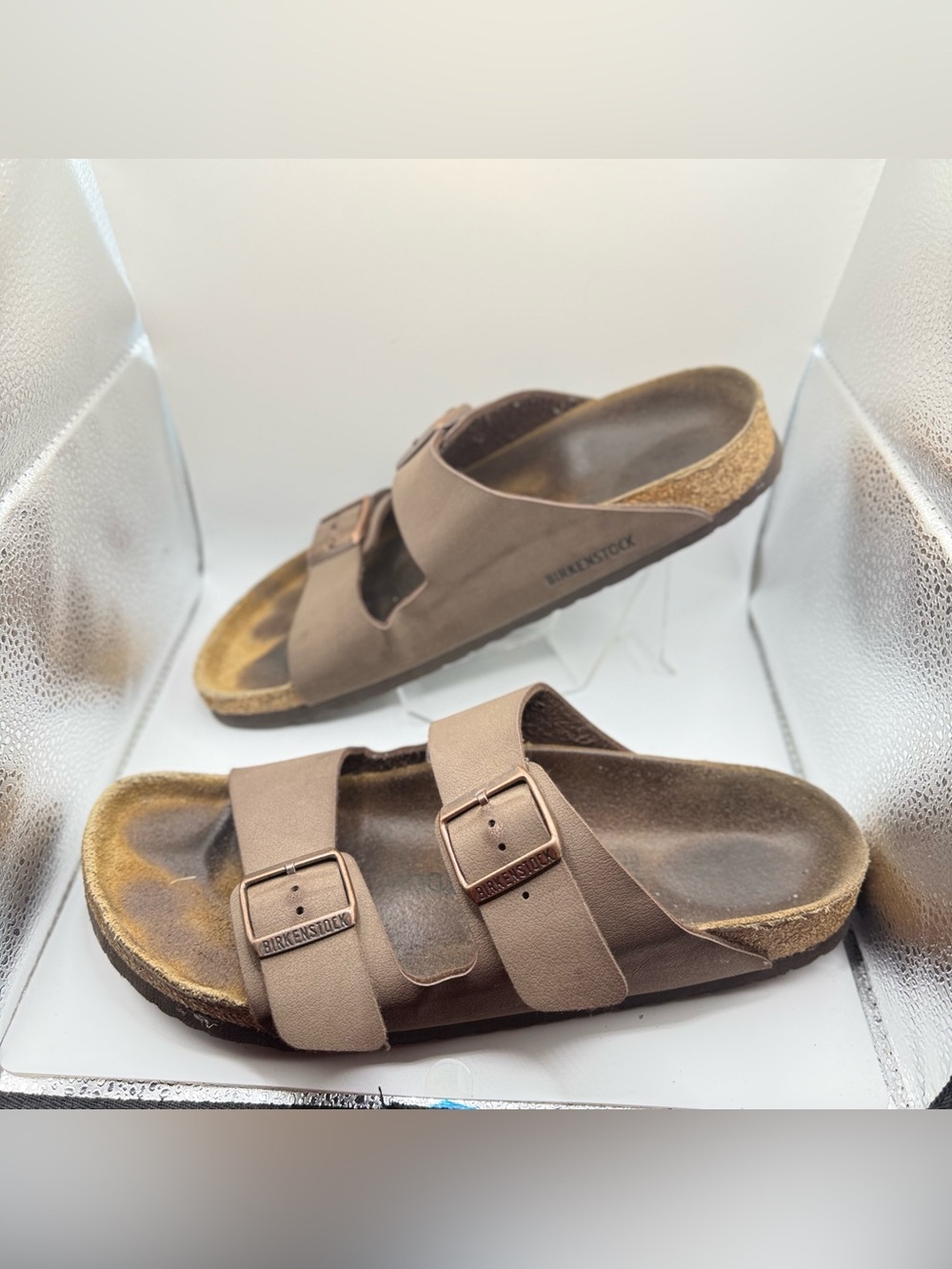 Birkenstock Men's Double Buckle Slide Sandals in Taupe Brown - Picture 3 of 6